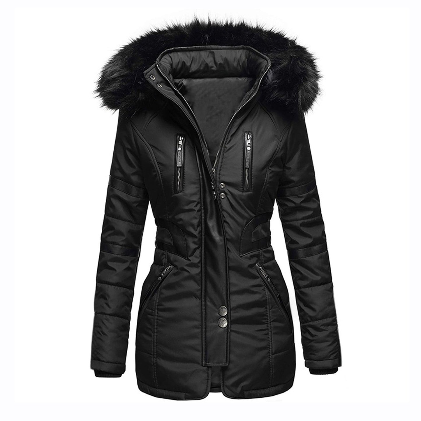 Eleganter damen-wintermantel mit kapuze und wolle