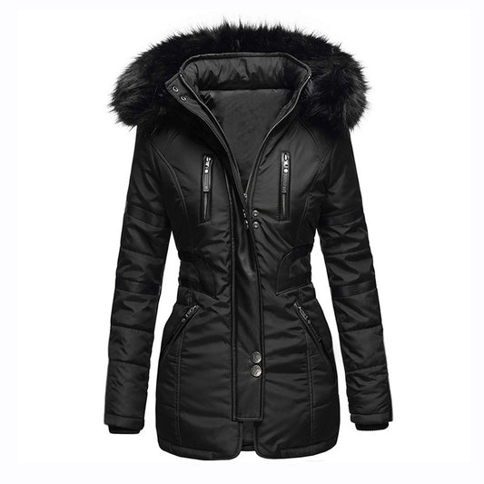 Eleganter damen-wintermantel mit kapuze und wolle