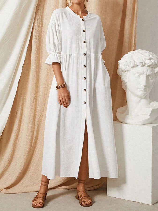 Leinen-maxikleid mit knopfleiste und abllonärmeln