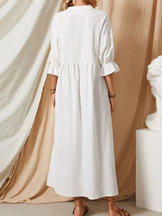 Leinen-maxikleid mit knopfleiste und abllonärmeln