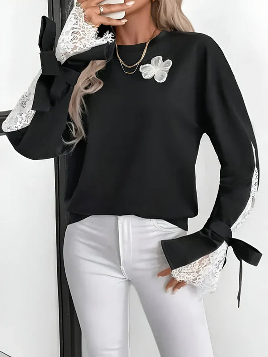 Agatha - elegantes farbblock-sweatshirt mit floralem spitzenaufnäher für damen