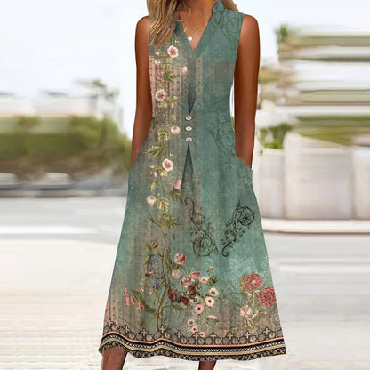 Evelyn – grünes ärmelloses midikleid mit seitentaschen