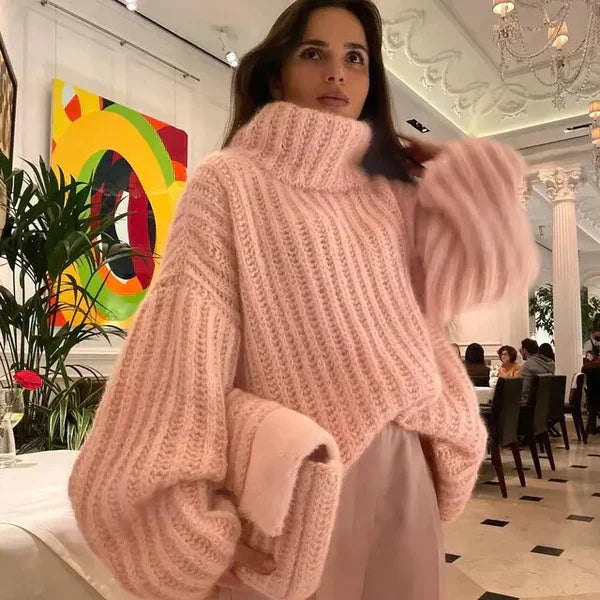 Damenpullover – mit flauschigem rollkragen und kreuzstichmuster