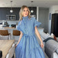 Charlotte – blau gestreiftes kurzarm-maxikleid